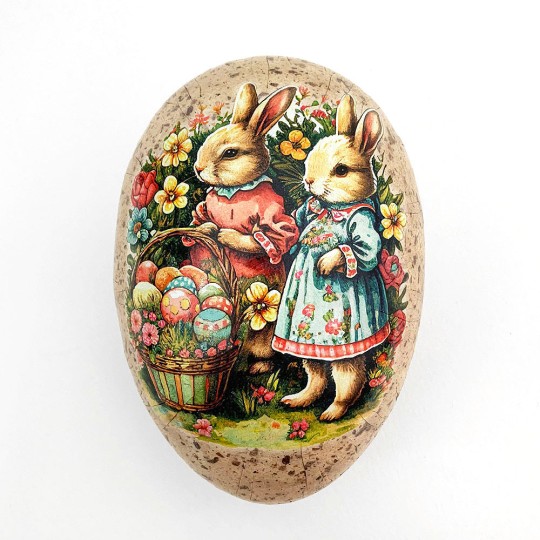 6" Bunnies with Egg Basket Floral Speckled Egg Paper Mache Easter Egg Box ~ Germany